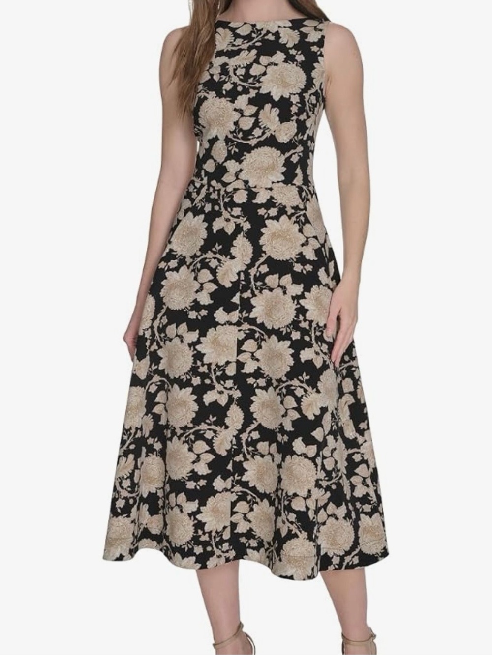 Tommy Hilfiger NWT Black & Sand Floral Sleeveless Boat Neck Fit&Flare Midi Dress